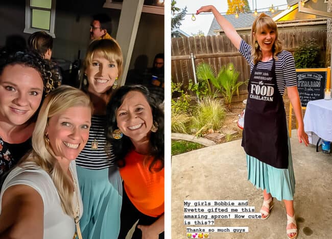 4 women taking a selfie, woman in a black apron with "The Food Charlatan" logo.