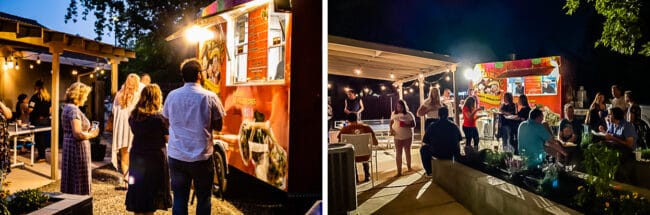 people standing in line for a taco truck in a yard at night.