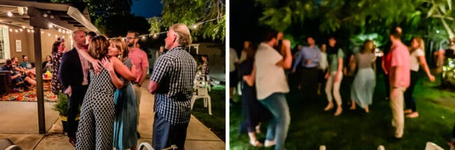 people hugging at a party, dancing at an outdoor party at night.