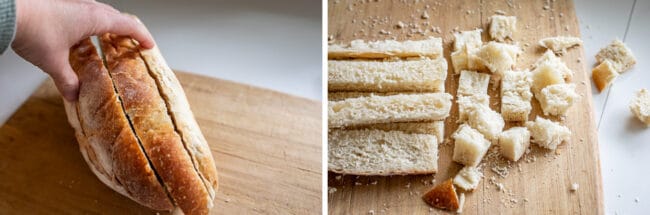 slicing and cubing bread on a cutting board