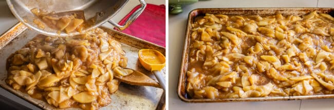 pouring hot apple pie filling onto a sheet pan, apple filling spread to the edges of the pan.