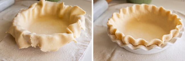 loose pie crust set into a pie pan, crimped pie crust in the same pan.