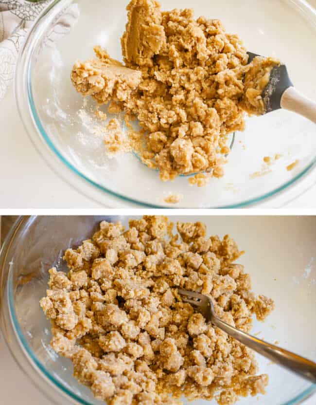 photo of struesel topping in a glass bowl being mixed, then using a fork to break it up after chilling.