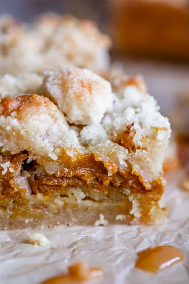 pumpkin shortbread bars with streusel  on parchment paper