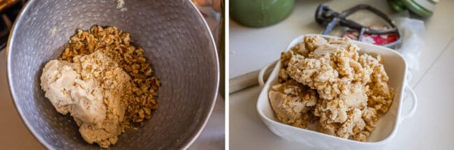 dough in a bowl with walnuts, mixed together in a white bowl on a counter