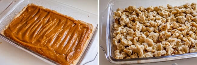 pumpkin filling spread on baked crust, then topped with crumble