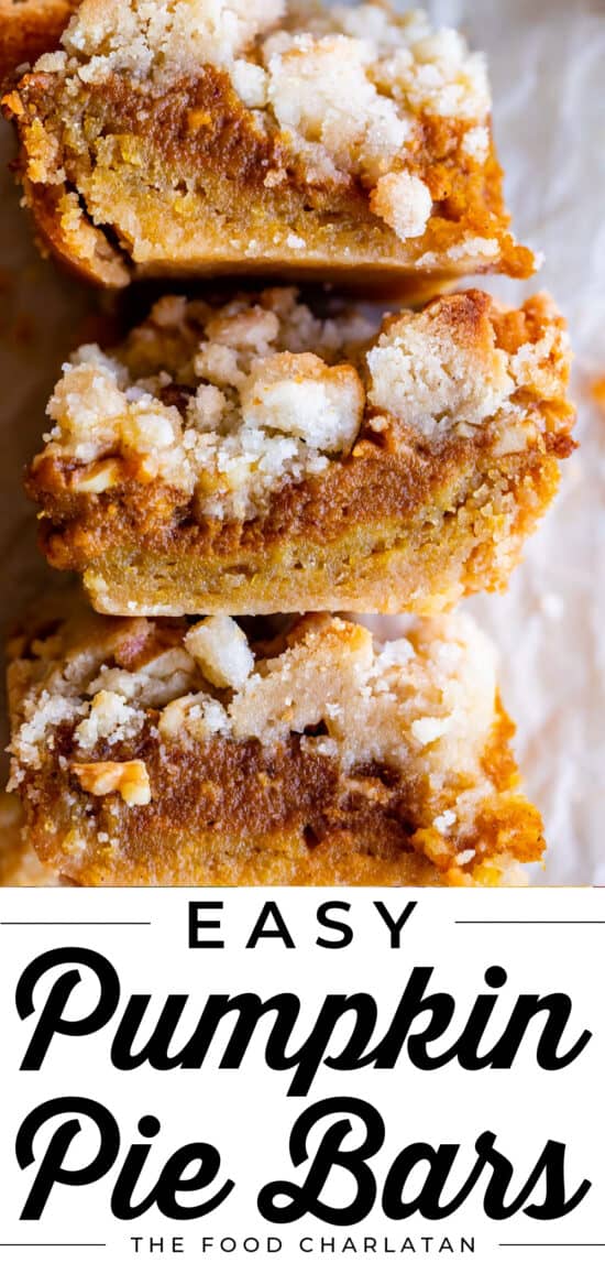 pumpkin pie bars with shortbread crust stacked on parchment paper