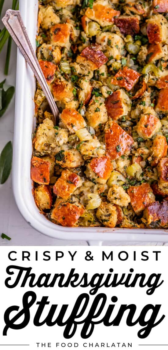 Thanksgiving stuffing in a white casserole dish from overhead