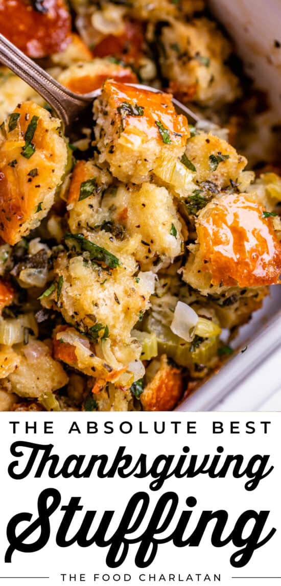 best stuffing recipe being lifted with a spoon from the pan