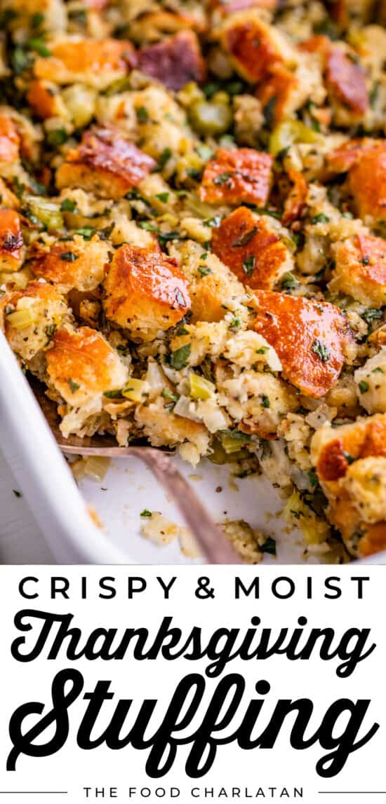 traditional stuffing recipe in a white dish with a spoon