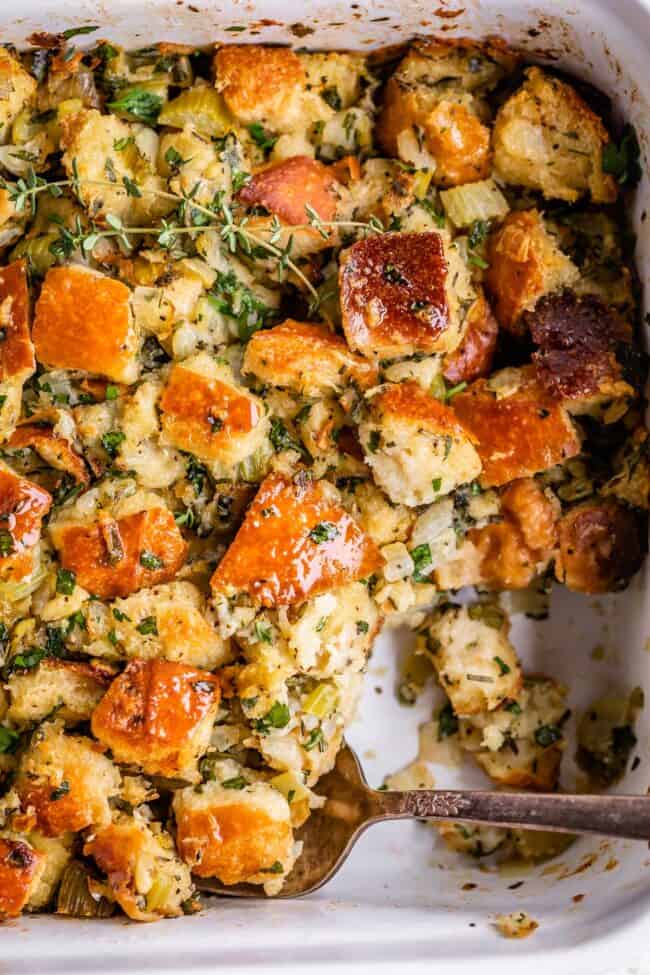 overhead shot of easy stuffing recipe in a white pan