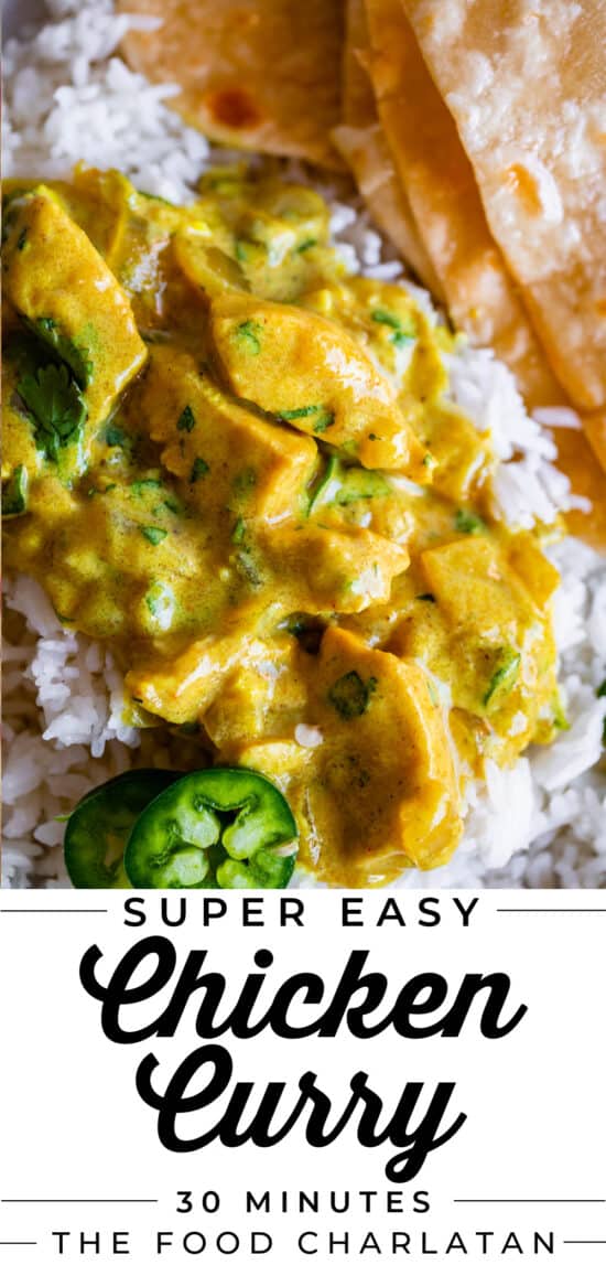 indian chicken curry on rice with jalapeno and roti