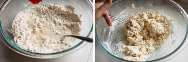 adding water to flour to make a dough, mixing dough.