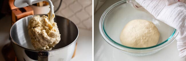 dough on the hook of a stand mixer, ball of dough in a bowl.