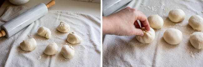 balls of dough on a pastry cloth next to a rolling pin, pinching the dough to shape.