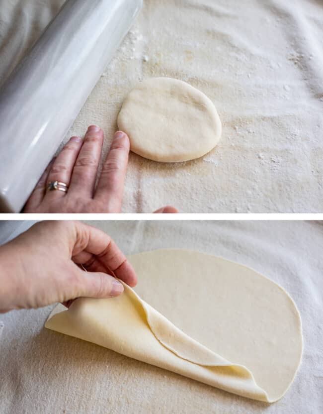 disk of dough ready to roll out, rolled out dough very flat with hand holding it up.