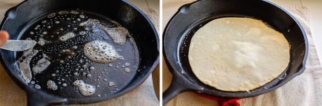 butter coating a cast iron skillet, roti in a pan.