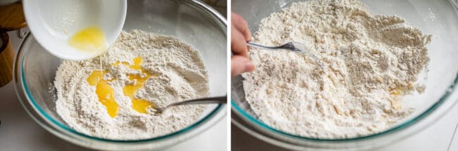 adding butter to flour in a glass bowl, mixing it together with a fork.