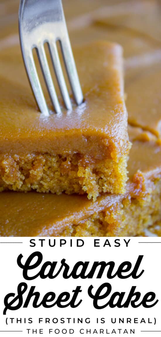 caramel cake stacked on another piece, with a fork taking a bite