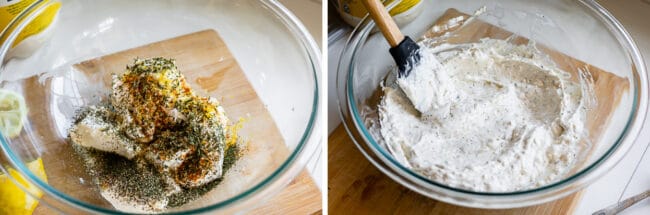 spices and lemon zest on top of cream cheese and mayo in a bowl