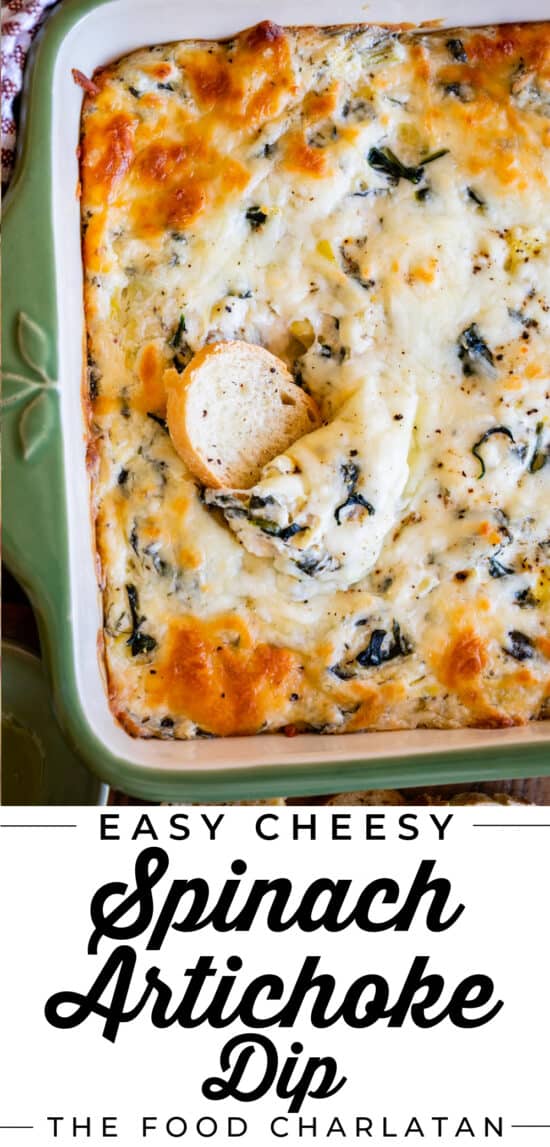 spinach artichoke dip recipe in a green casserole dish
