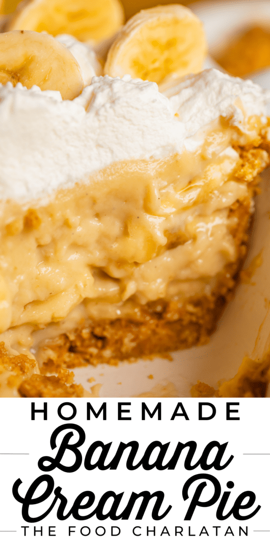cross section of banana cream pie in a white pie pan, close up.