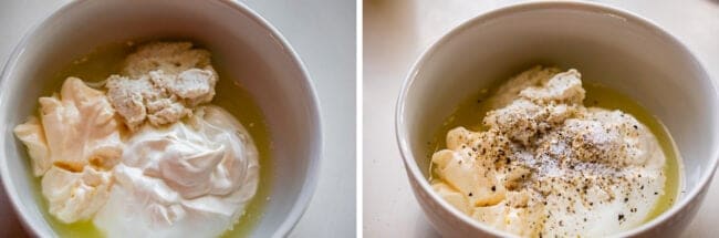 sour cream, mayo, and lemon juice in a bowl, then with salt and pepper.