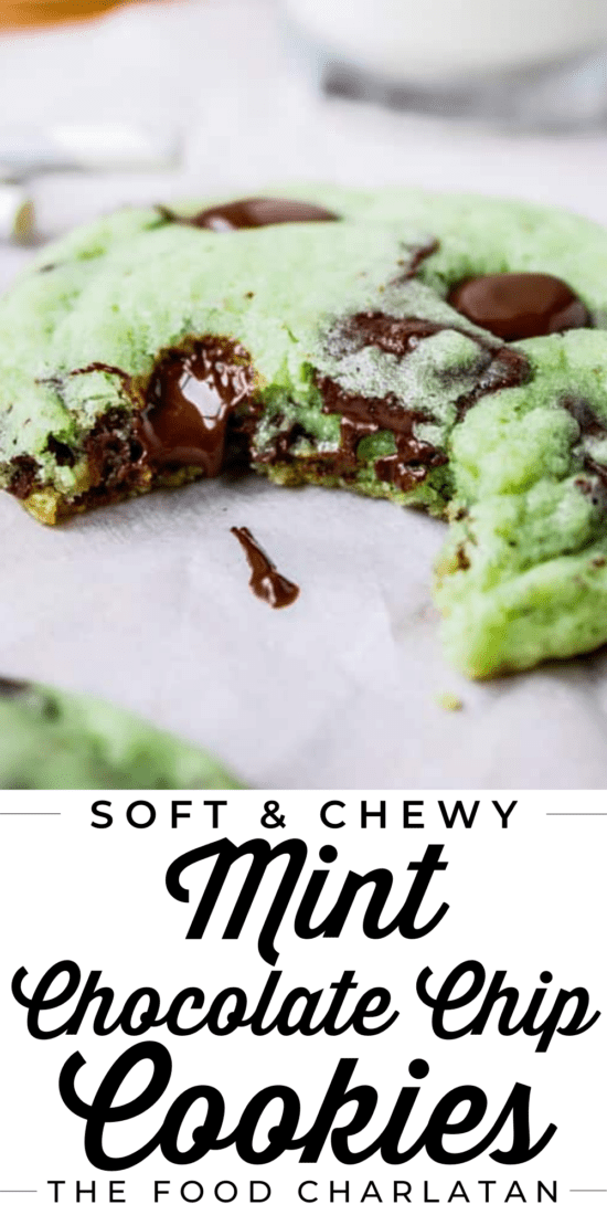 mint chocolate chip cookies on white plate with bite taken out