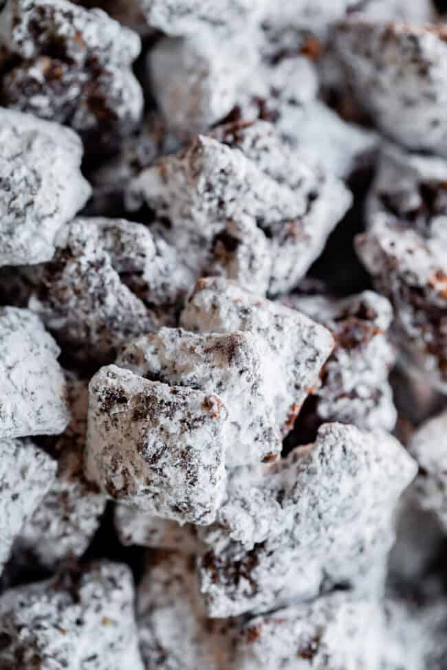 close up of muddy buddy recipe that sticks together in chunks.