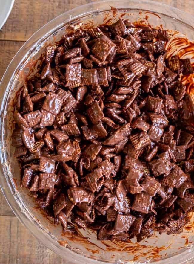 a bowl of Chex cereal coated in chocolate, peanut butter, and butter.