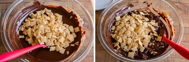 adding Chex to a bowl of chocolate peanut butter.