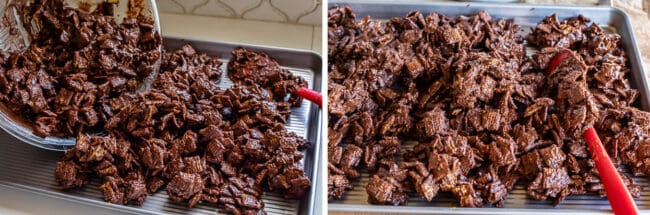 dumping muddy buddies from a glass bowl onto a baking sheet.