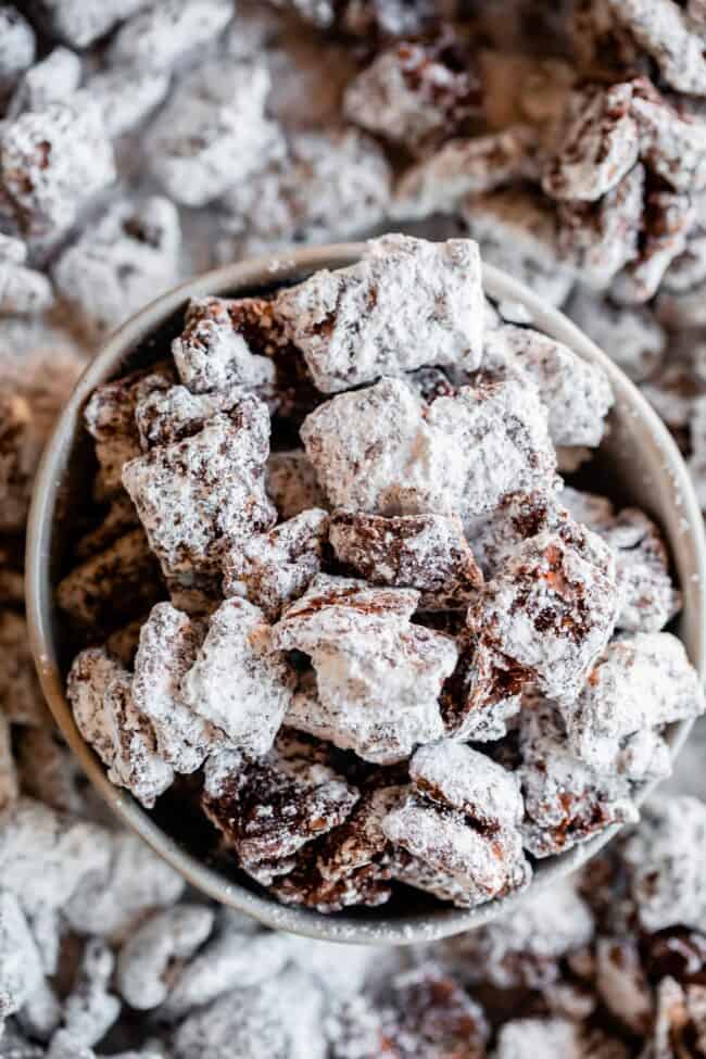 muddy buddies in a white bowl.