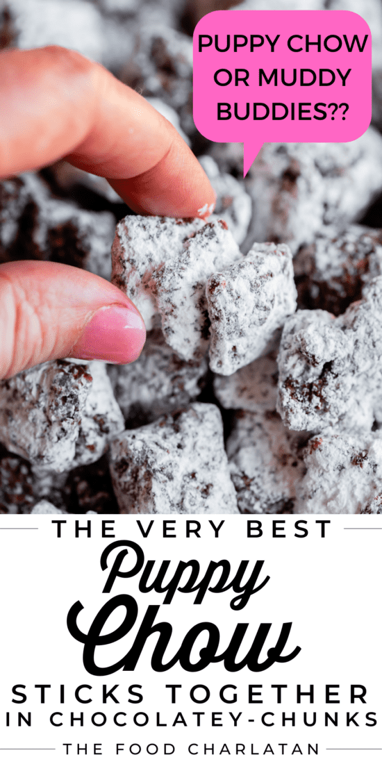 pin for puppy chow recipe, fingers holding chunky muddy buddies with pink text