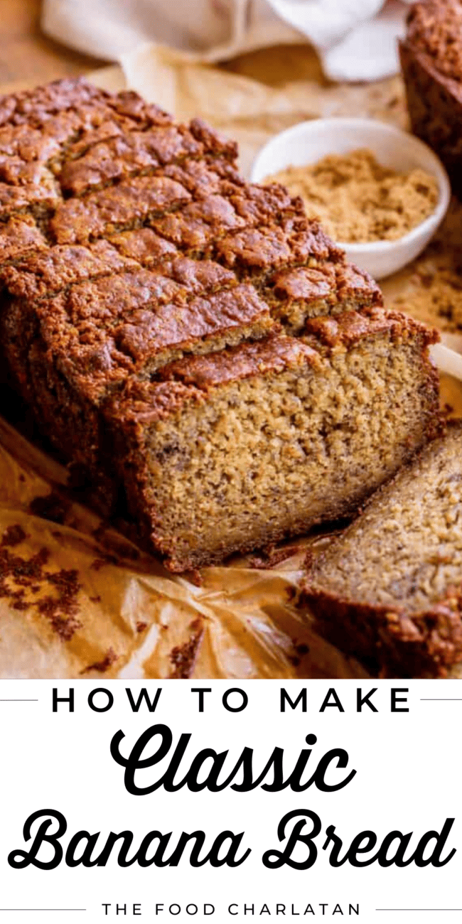 sliced loaf of homemade banana bread.