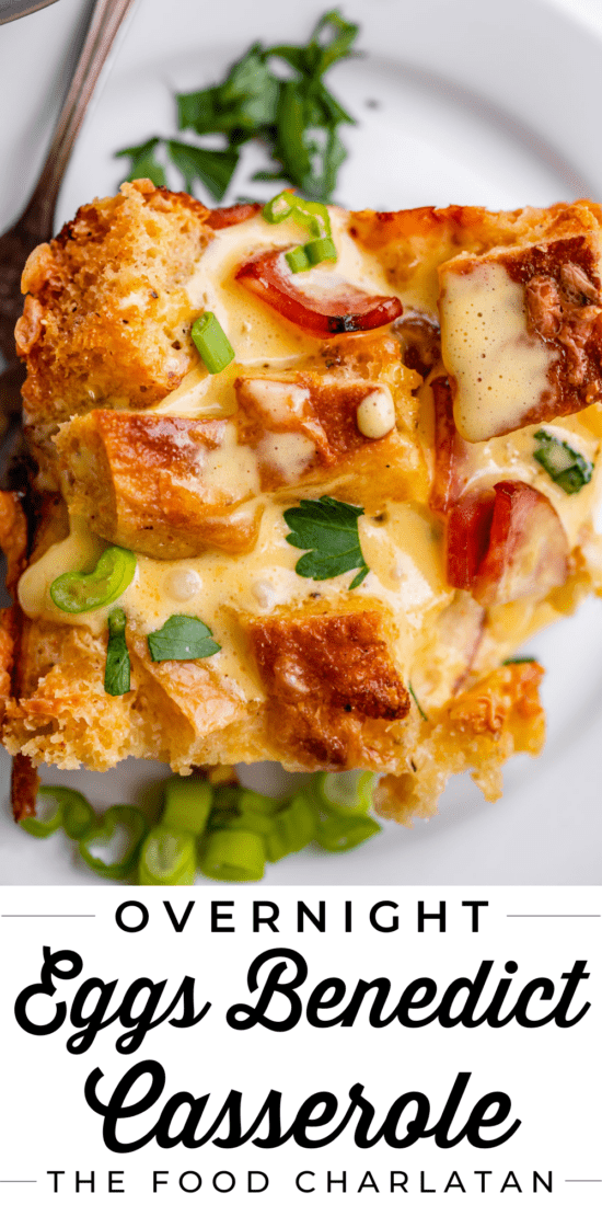Overnight eggs benedict casserole on white plate.