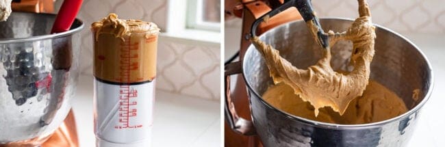 peanut butter being measured in an adjustable measuring cup, peanut butter mixed into dough on paddle.