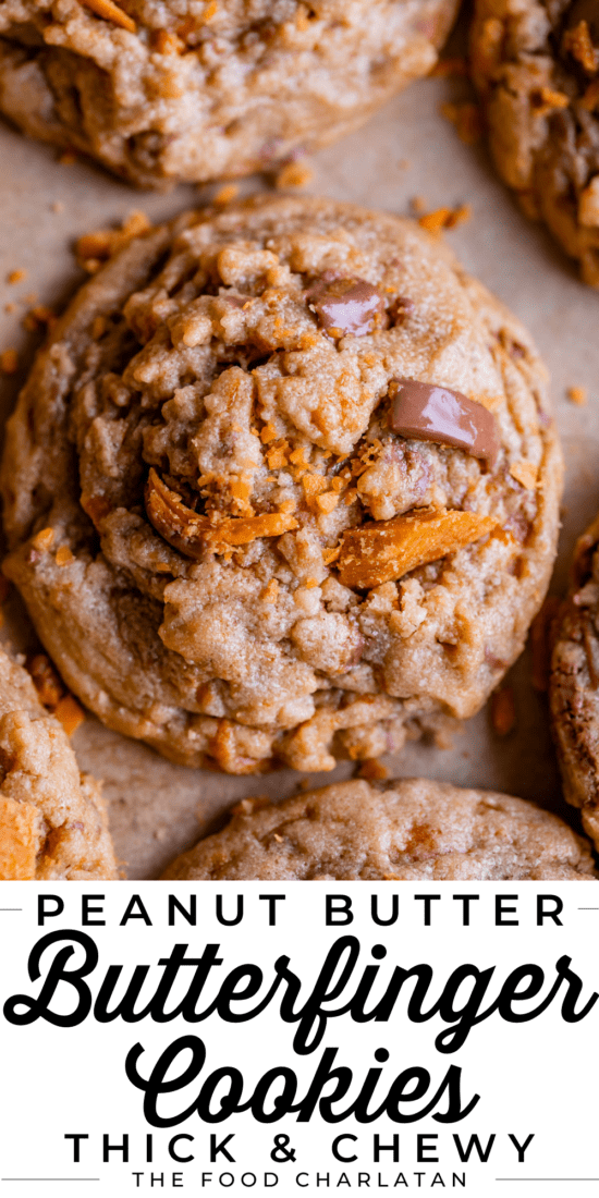 peanut butter butterfinger cookie with extra butterfinger around it.