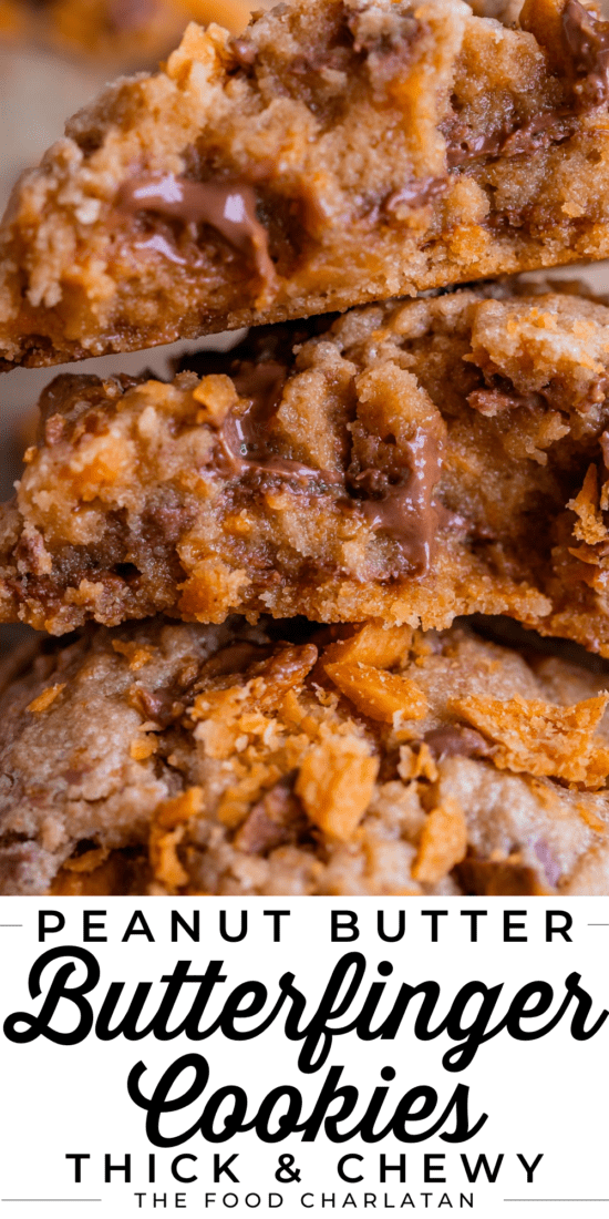 stack of 3 halved butterfinger cookies with butterfinger baking bits