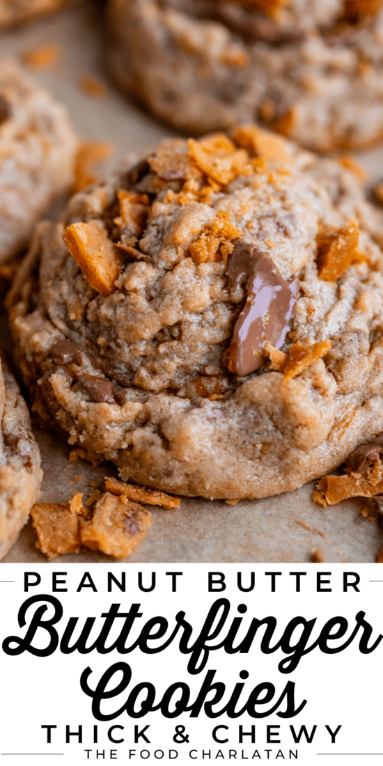 butterfinger bits cookie recipe with melty chocolate and broken up butterfinger on the side.