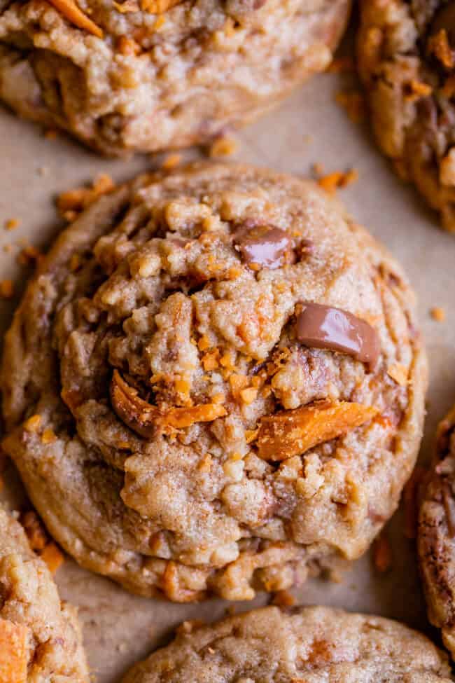 butterfinger bits cookie recipe shot from the side, close up.
