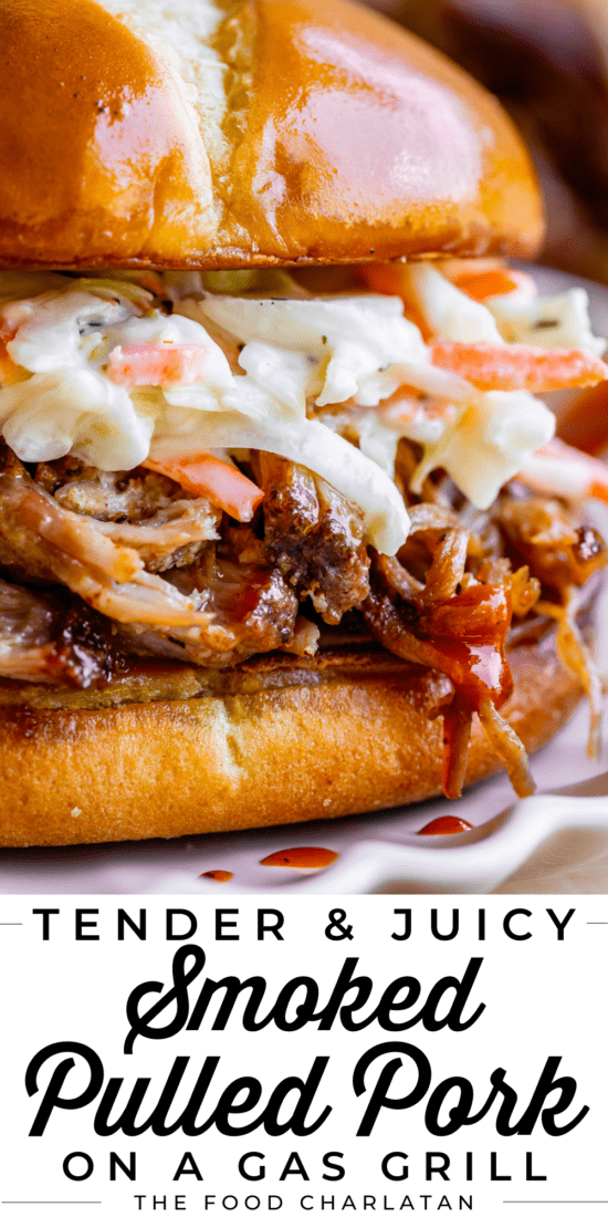 close up shot of smoked pulled pork sandwich with coleslaw.