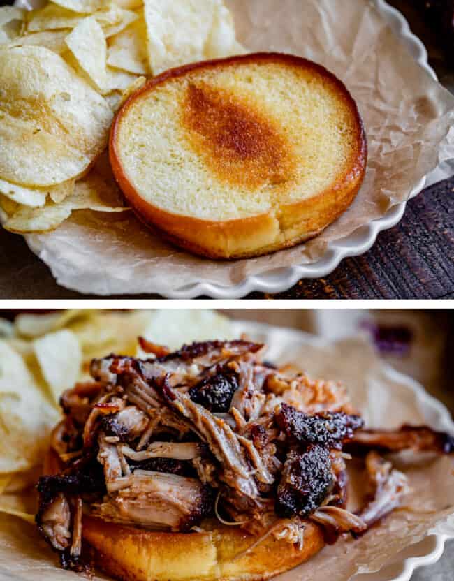 toasted hamburger bun on a plate with chips, hamburger bun topped with shredded pork.
