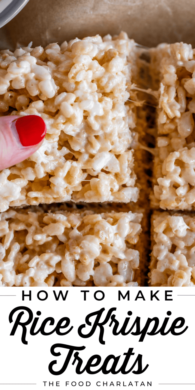 Rice Krispie treats cut into squares.
