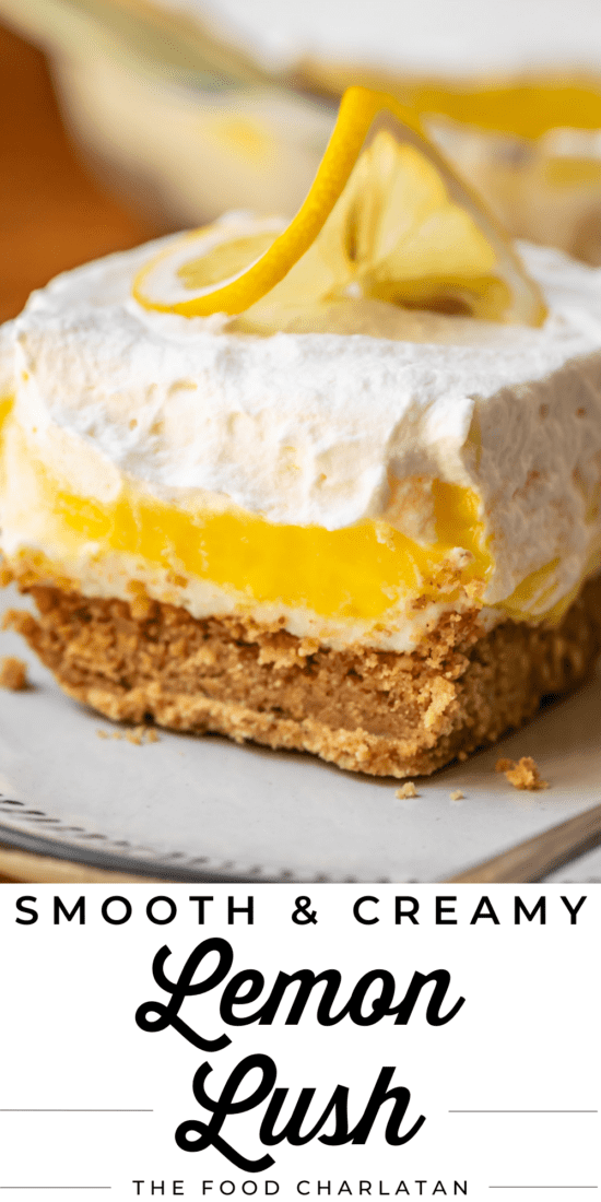 square of lemon lasagna with whipped cream and cream cheese and lemon on plate.