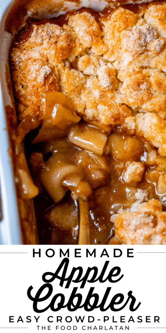 easy apple cobbler in a white casserole dish with spoon.
