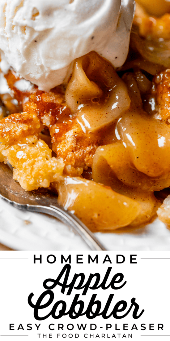 homemade apple cobbler recipe close up with ice cream.