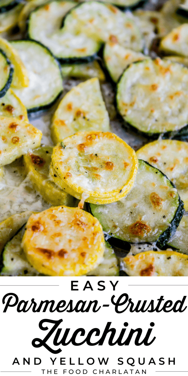 baked parmesan zucchini and yellow squash on a baking sheet.