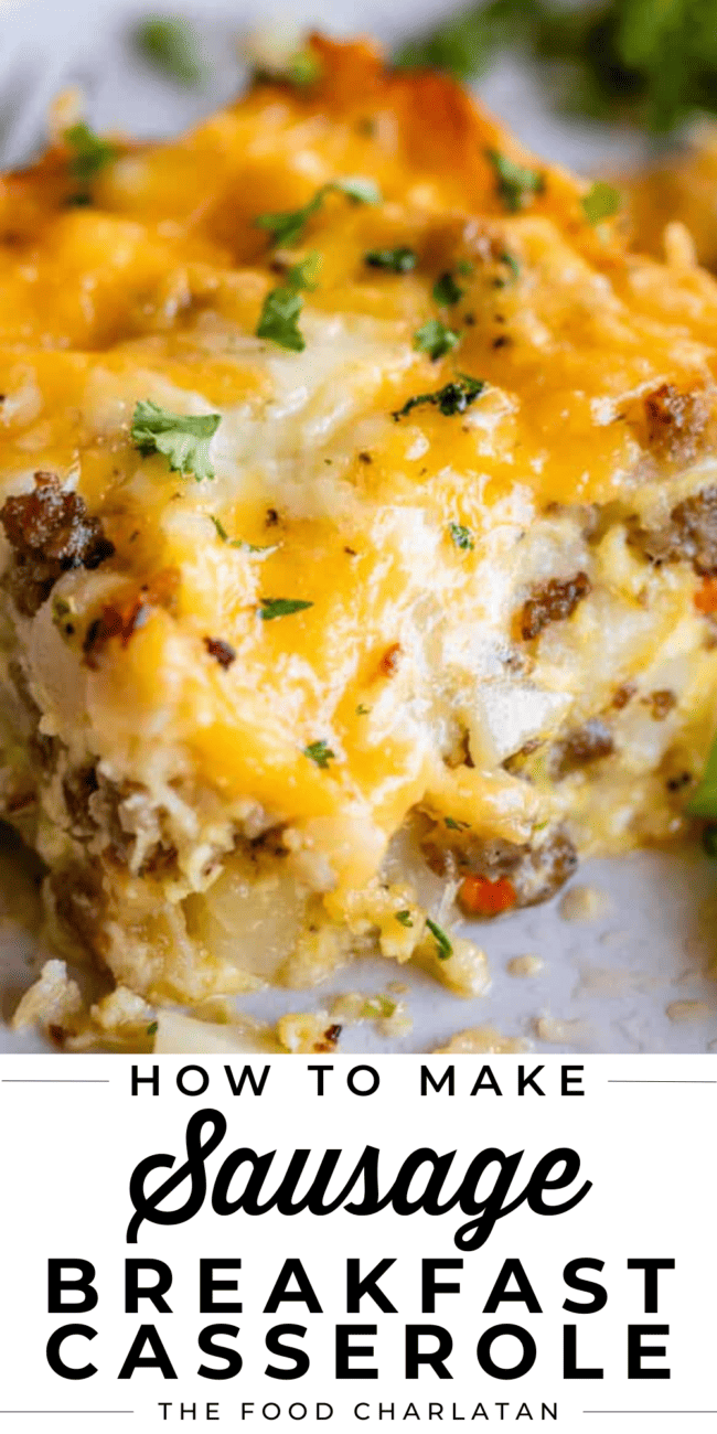 a piece of sausage breakfast casserole on a white plate.