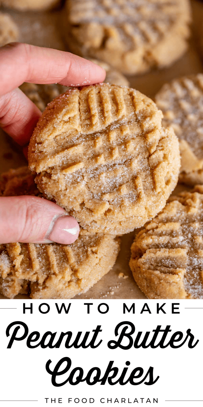 hand holding a tender soft crosshatched peanut butter cookie.
